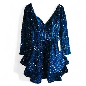 Blue Sequin Long Sleeve Party Dress